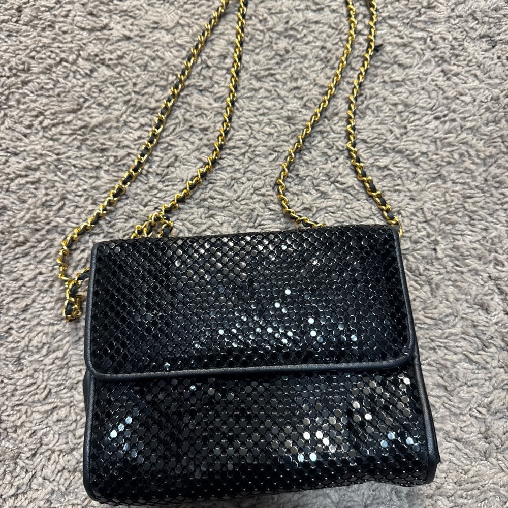 Whiting & Davis Black Sequin Clutch with Gold Chain